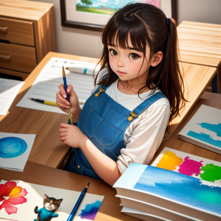 8K, detailed detail, 50mm, f1.2 art less,
In the scene, a bright and spacious studio is presented to us. The walls of the studio are decorated with various illustrations from picture books and artworks, showcasing the talent and creativity of the creators. In the center of the room, there is a large wooden desk decorated with various art items such as colored pencils, watercolor paints and brushes.

At the desk, we saw a young girl about six or seven years old, dressed in vibrant painter's overalls. She sat intently at her desk, holding a colored pencil in her hand, and seriously practiced drawing a cute kitten.

The girl's eyes were full of enthusiasm and determination. Her brow furrowed slightly, focusing on her drawing. She outlines the kitten's body with delicate brushstrokes, carefully depicting its fur and eyes. She constantly adjusts her poses and gestures to find the best way to draw.

Next to her, there was an open book on the desk. The title of the book is 