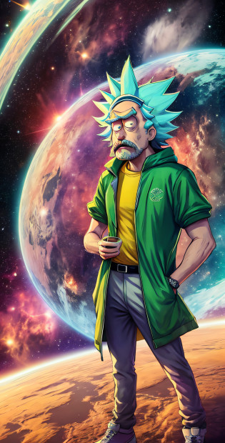 ((Rick Sanchez)), Rick e Morty, Hiper realista, cinemactic, on space , pensativo , reflexivo , Ultra realista , 4k , na lua olhando para o planeta terra , rick esta de longe na imagem ,
