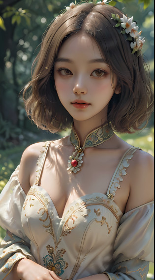 ((Best quality)), ((Masterpiece)), (detailed:1.4), 8K resolution, portrait shot of a captivating young girl with a cute and lively bob haircut, dressed in a traditional Chinese outfit with intricate embroidery and delicate details, standing in a serene and picturesque garden surrounded by blooming flowers and lush greenery, (soft and diffused lighting:1.4) that adds a warm and inviting atmosphere, (warm-toned color grading:1.3) that enhances the subject's skin tone and adds a touch of elegance to the image, (symmetrical:1.2) composition that emphasizes the subject's poise and grace, shot from a slightly high angle to add a sense of grandeur and sophistication, (detailed:1.4) with every detail of the subject's outfit and hairstyle meticulously crafted and showcased, creating a sense of admiration towards the subject's beauty and style.PerfectNwsjMajic?