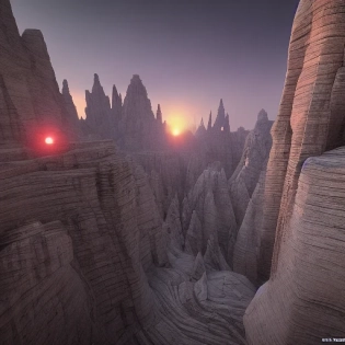 stunning city of stone sunset with ligth volumetric inside a gray granite canyon, fusion of star wars and gothic revival architecture, natural volumetric lighting, realistic 4k octane full view beautifully; detailed render, 4k post-processing �ar 9:16 �no people --uplight