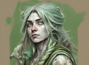 Bird's Eye View  detailed ((dnd destitute   woman  portrait)), interested, HD, (oil painting:1.1), (comic book art style:1.5),(inked outline:1.3), Stunning, Character, Portrait, (((Looking Sideways))), angular features, ( green Medium Length Layers Hair),  (muted natural colors:1.3) in painterly style  , splash art