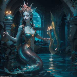 (Numerous award-winning masterpieces, with incredible detail, textures and maximum detail), (full body view of mermaid:1.6), (hyper realistic:1.4), (realistic:1.3), (upper body up:0.4), (Many gold and silver treasures are sunk around: 1.8), (best quality real texture skin), (((in water))), (deep deep sea:1.5), (Dark sea at night:1.6), (finely detailed true circle Symmetrical eyes), (beautiful and delicately drawn face), ((medieval world)), (full body display of mermaid: 1.6), ((mermaid)), ((mermaid princess)), ((mermaid nobility)), (burn brightly icy look in the eye), (She has a mischievous smile on her face), (Sunken ship with treasure:1.4), A temple Sunken in a coral reef, ancient Sunken city, Sunken temple, Sunken great cathedral, Sunken temple ruins, Sunken detached temple, Sunken Ruins of an ancient castle, Shining majestic water and light, coral reef, (Eyes that glow blue in the dark:1.5), (A pair of Ice-blue eyes with strong blue light emitting from within:1.5), (bio luminescence:1.5), (full body view of mermaid:1.6), (Swirling water stream and tidal current in the background), (Dramatic Light), (A majestic sight), (Her countenance is gentle and beautiful), Glass earrings on the ears, (dramatic photo:1.4), ((dramatic pose)), (flamboyant photo), (golden hair), (silver hair), (chestnut hair), (full body view of mermaid:1.6), ((looks up)), ((looking down)), (Around her neck is a simple necklace of exquisite workmanship), (Bio luminescence with a brilliant glow:1.3), (Use flashy Hydro magic:1.2), (beautiful fish in the surroundings), (Luminous magic circle:1.5), (full body view:1.6), epic realistic, faded, art, (Greg rutkowski:0.8), (teal and orange:0.4), (art station:1.5), cinematic, ((neutral colors)), (hdr:1.5), (muted colors:1.2), hyper detailed, dramatic light, (intricate details:1.1), complex background,