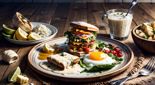 high detail, ultra realistic, mixed food, huge portion, delicious, juicy, bananaslices, pineapple pieces, yoghurt, bread, breadslice, ham, egg, scrumbled egg, spring onions, rice, potatoes, melted cheese, sauces, bacon, english breakfast, wraps, sausages, juice