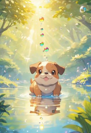 A touching scene in ultra-high definition 3D showcasing  Bulldog making a wish beside a tranquil lake.  Bulldog, beautifully rendered in detail, is seen gently blowing bubbles into the air, each one carrying a hopeful wish. The bubbles catch the reflection of the setting sun, creating a dreamy, magical effect. The overall atmosphere is tender, filled with hope and serenity