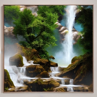 Create a stunning image of a majestic, True to life cascading waterfall surrounded by lush, verdant foliage. The waterfall should be depicted as powerful and awe-inspiring, with water crashing down from great heights and creating a misty spray that shimmers in the sunlight. The surrounding landscape should be filled with vibrant greens and earthy browns, with trees and plants of all shapes and sizes adding to the natural beauty of the scene. The image should capture the tranquility and serenity of the waterfall, while also conveying its raw power and energy. The overall effect should be one of breathtaking beauty and wonder, inviting the viewer to immerse themselves in the natural world and experience the majesty of this beautiful waterfall.