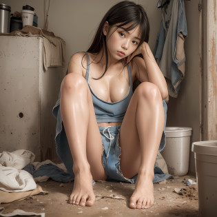 (8k, RAW photos, best quality, masterpieces, : 1.2), (realistic, photorealistic: 1.37), 17-year-old Japan girl with a sad face of homeless, sad expression of despair, sitting on the floor depressed, poor, dirty room littered with garbage, torn and dirty tattered dirty clothes, exposed plain clothes, torn fabric, collarbone, no bra, cotton panties, leg panties, torn micropants, dirty hair, dirty face, dirty skin, wet skin, muddy skin, muddy feet, bare feet, small breasts, cleavage, unkempt hair, sweat, sweat droplets, tan, close-up, foot focus, from below, old kitchen, tile fragments, dark ruins, messy room, broken dolls, trash cans, highest quality, ultra high resolution, physically based rendering, Cinematic lighting, complex and cinematic look, messy room, photorealistic, cowboy shot, dynamic angle