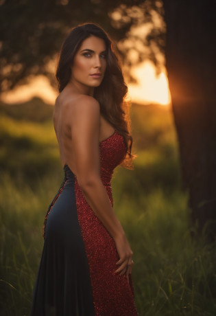 mulher morena semi-nua, cintura finda, campo florido, sensual, costas, entardecer, studio lighting, fotorealistica, pomar gigantesco com grama exuberante,