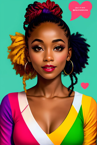 description: Generate an image of Harley Quinn with totally African characteristics, incluindo pele escura, cabelo enrolado e colorido.

Instructions for generating the image:
1. A Arlequina deve ser representada como uma mulher africana, with dark skin and facial features that reflect the ethnic and cultural diversity of the African continent.
2. Seu cabelo deve ser naturalmente enrolado, com cachos definidos e cheios, demonstrando a beleza dos diferentes estilos e texturas de cabelo afro.
3. Hair coloring should be vibrant, usando cores como azul, rosa, verde ou roxo, que combinem harmoniosamente com sua pele escura e realcem sua personalidade marcante.
4. Ela deve estar vestindo um traje inspirado na personagem original da Arlequina, with a predominance of black and red colors, but with elements that value the richness of African cultural traditions.
5. Harley Quinn's pose should be dynamic, reflecting your outgoing and energetic personality, and allowing you to highlight your African identity with confidence.
6. O fundo da imagem pode ser uma paisagem urbana, alluding to a cosmopolitan city, or any scenario that refers to Gotham City, mas com elementos que possam representar a cultura africana de forma respeitosa e positiva.

Lembrete: Make sure the representation is culturally sensitive and respectful, avoiding stereotypes and cultural appropriation. Enfatize a beleza e a diversidade da cultura africana, proporcionando uma imagem empoderadora da Arlequina.

Dica: Use sensory descriptions to enhance the image, destacando a textura do cabelo, os detalhes do traje, the facial expression and atmosphere of the scenery.

After the image is generated, consider making adjustments or reiterating instructions to ensure an outcome that celebrates African representation and the cultural richness of Harley Quinn