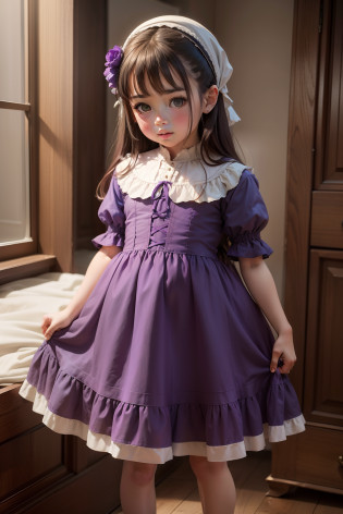 The little girl in the purple dress of Aalfid stood in the room, a picture inspired by Jean-�tienne Liotard, Tumblr, hurufiyya, wearing dresses, simple dress, peasant dress, Purple dress, girl in a dress, Full body picture, Wearing a dress, detailed dress and face, is wearing  dress, full - body - front - shot