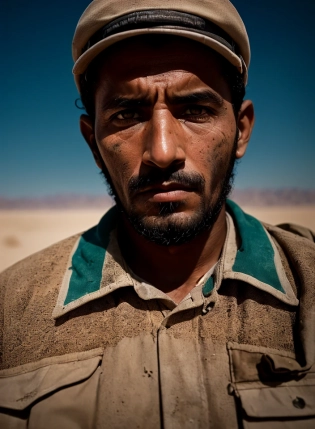 (dark shot:1. 4), 80mm, portrait quality of a arab man worker, wasteland that stands out vividly against the background of the (desert, barren: 1. 1) landscape, (closeup:0. 5), moles skin, soft light, sharp, exposure blend, medium shot, bokeh, (hdr:1. 4), high contrast, (cinematic, teal and orange:0. 85), (muted colors, dim colors, soothing tones:1. 3), low saturation, (hyperdetailed:1. 2), (noir:0. 4)