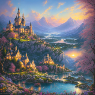 pintura de um castelo em uma paisagem de montanha com um lago, whimsical fantasy landscape art, magical landscape, pintura de paisagem de fantasia, scenery art detailed, scenery artwork, paisagem de arte de fantasia, dream scenery art, fantasy scenic, tomas kinkade, Kilian Eng e Thomas Kinkade, detailed scenery�width 672, paisagem de fantasia, Detailed dreamscape, fantasy painterly style