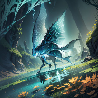 Zoom on a single Pterophyllum as it elegantly glides through a mystical underwater realm. The Pterophyllum's fins are iridescent, shimmering with a rainbow of colors as it moves through the water. Its body is adorned with intricate patterns reminiscent of ancient symbols. The underwater realm is filled with towering rock formations, adorned with bioluminescent plants that emit a soft glow. The water is deep and mysterious, with swirling currents that create an otherworldly atmosphere. Schools of glowing fish swim in harmony, their movements synchronized like a mesmerizing dance. Rays of colored light filter through the water, casting an enchanting glow on the surroundings. The mood is one of magic and wonder, as if stepping into a mythical world. The Pterophyllum's presence in this realm symbolizes its status as a guardian or guide. The viewer feels a sense of awe and curiosity, eager to explore the secrets of this mystical underwater realm. Illustration, using digital art techniques to create a dreamlike portrayal of the Pterophyllum and the mystical underwater realm.