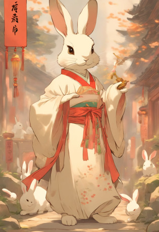 There is a rabbit?Chinese round fan in hand, Rabbit, A rabbit, White rabbit, Rabbit_Bunny,, anthropomorphic rabbit, the white rabbit, With a fan, Rabbit ears, Rabbit in Hanfu, Rabbit in Chinese costume, Rabbit in white hanfu, Traditional Chinese clothing, with acient chinese clothes, full-body xianxia, Chinese style, Chinese costume, 8K))inspired by Kanbun Master, in style of hayao miyazaki, rabbit face only, studio ghibli filter, edgBunny_Character