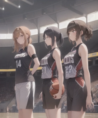 3girl, 1 main female in photo, tired, tapered hair, shaved side, light brown hair, best girl hair, medium breast and small breast, basketball stadium, different hairstyles, opponents, different hair colors, roughly the height, basketball court, audience, watching, wnba, competitive, middle of a basketball game, team uniform, logo, number, depth of field, best quality, aesthetic, detailed, best quality, anime screencap, volumetric lighting, created by Artgerm, facing camera, photography, masterpiece, clean face, realistic, beautiful