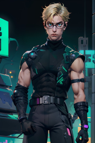 (absurdes, ah high, ultra detialed, Super Detail Face) 2D, ciberpunk, (1 male), ??, youth, grown up, Young guy, ah high, wide shoulders, hunk body, beutiful, blonde man, extremely short hair, dark green eyes, Shaved side with patterns, forehead, angular jaw, Russian traits, Thin neck,  ciberpunk, upper-body, The entire upper body is visible, (((black turtleneck, Cyberpunk West, Black pants, gloves, strap, eyeglasses)), gaze at the viewer, stands upright, hands down, Cyber Arm