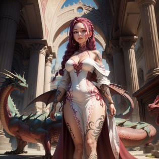 Enhance dragon, maroon braids enhance tattoos, enhance architecture