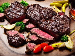 yummy beef grill steak, food photograph, food styling, long shot, lens 85 mm, f 11, studio photograph, ultra detailed, octane render, 8k, --q 2 --s 6000 --ar 2:3