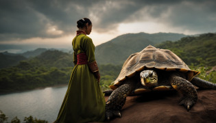 Chinese style, Fada do Basalto, Dragon Turtle, ((tartaruga gigante preta)), DEUS, Rainha, roupas lindas, casaco bonito, clothes with turtle shell pattern, sentado nas costas da tartaruga, (Manto Preto), Hanfu, lago, water, pedregulho, 32k --niji 5, pulseira de ouro, 8k, motor Unreal, altamente detalhado, tiro de corpo inteiro, (dentadura da pele: 1.5), realista, realista, (obra-prima: 1.5), arte conceitual, detalhes intrincados, altamente detalhado, realista, octane rendering, 8k, Motor irreal, dinamic pose, melhor qualidade, alta resolu��o, (Rosto realista: 1.1), (hiper-realismo: 1.1) , ((cheio_corpo)), olhos perfeitos, (pele brilhante: 1.2), ((penteado))), ((perfect hands))), (fundo muito detalhado), ((Dynamic background), ((1girl)), ((olhos detalhados, olhos de alta qualidade, rosto de alta qualidade)), saia-renda longa com diamante extremamente complexos, magical robes), magia, (Dramatic), epics, profundidade de campo, Bokeh, 4k, lo gothic, particuls