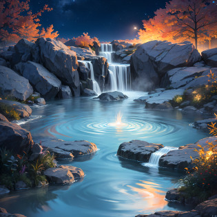 Hot Springs, Heat, Water Vapor, Night (Illustration: 1.0), Epic Composition, Realistic Lighting, HD Details, Masterpiece, Best Quality, (Very Detailed CG Unified 8k Wallpaper)