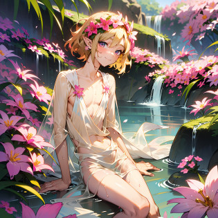 young man, twink, (((male))), (((man))), (((one person))), single, solo, (((very light blonde hair))), (((pink colored eyes))), (medium short hair), (chin-length hair), wavy hair, slim body, ((flat chest)), (((fantasy style))), (((wearing flowers in his hair))), flowercrown, ((pointy ears)), (((light pink colored eyes))), smooth skin, bare legs, (((wearing only a loose piece of fabric))), (((body covered in loose transparent fabric))), ((white colored fabric)), (((transparent fabric))), (wet fabric), smiling, rocks in the background, tropical flowers, (((picking an exotic flower from a tree))), (((colorful flowers))), (different colors flowers), waterfall further in the background