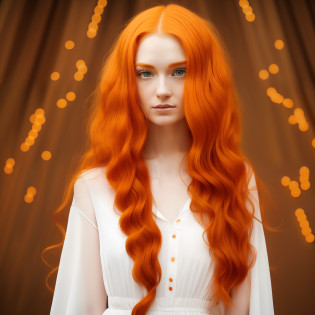 arafed woman with orange hair and a white dress standing, orange hair, bright orange hair, long orange hair, very long orange hair, she has long redorange hair, fairycore, long wavy orange hair, orange glowing hair, she looks like a mix of grimes, orange skin and long fiery hair, lily frank, the hime cut