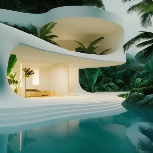 sxnfv style, A beautiful house in tropical modernism style in a forest, volumetric lighting