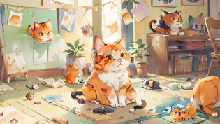 watercolor style, a cat sitting on the floor in a room, a picture by Unkoku Togan, shutterstock, shin hanga, ginger cat in mid action, an orange cat, ginger cat, orange cat, the cat is orange, cat photo, fat cat, photo of a cat