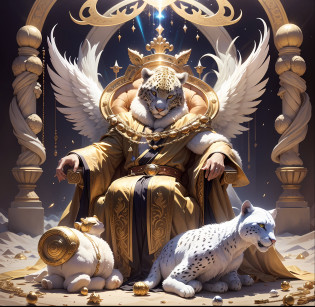 Create an image that I laughed to describe, I saw a golden throne with precious stones, ruby, jafira, emerald and others of which is not found on earth. I also saw angelic beings who carried the throne 4 angels in the 4 pentas of the chair there they were flying in the clouds and on the throne was roasting a king who had a golden belt that passed by his request and on his shell was written king of the creator kings of the universe and his face shone like the midday sun and on his head had a golden coroua with precious stones,  and their countries shone like brass pulling out of the furnace he had a double-edged spata whose aspada was of fire around these beings had lightning and thunder and billions of angels were with them coming in the clouds of heaven as if opening a portal in heaven and the appearance of the was on the throne was similar to a man and the algelical beings who carried the throne 4 wings was 4 angels 1 on the right side one on the left side and 1 behind the left side and 1 behind the right side dodos they had 4 rotos one of man one similar to leopard one similar to Leo one similar to bear the feet of the 4 was of could and the horns of ram , --auto --s2