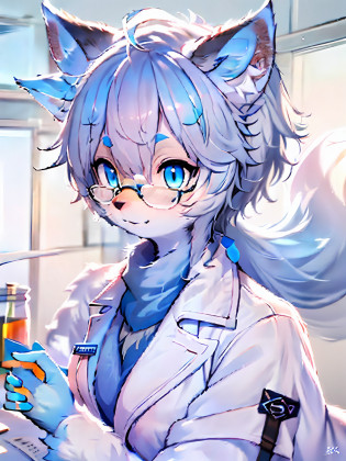 Anime character with arctic fox ears wearing lab coat and blue scarf,arctic fox?Fluffy blue fur and blue tail,Wear half-rimmed glasses,Arctic fox beauty in lab coat,  Fox scientist?inside the lab, professional furry drawing