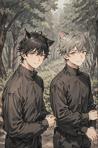 Masterpiece, Superb Quality, 2 Boys, Brunet, Gray Hair, Smile, Cat Ears, Upper Body, 2 18 Year Old Boys, 2 Boys Now Together, Forest, Black Casual Wear