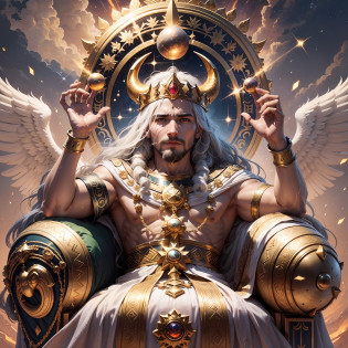 Create an image that I laughed to describe, I saw a golden throne with precious stones, ruby, jafira, emerald and others of which is not found on earth. I also saw angelic beings who carried the throne 4 angels, and on the throne was roasting a king who had a golden belt that passed by his request and on his shell was written king of the creator kings of the universe and his face shone like the midday sun and on his head had a golden coroua with precious stones,  and their countries shone like brass pulling out of the furnace he had a double-edged spata whose aspada was of fire around these beings had lightning and thunder and billions of angels were with them coming in the clouds of heaven as if opening a portal in heaven and the appearance of the was on the throne was similar to a man and the algelical beings who carried the throne 4 wings was 4 angels 1 on the right side one on the left side and 1 behind the left side and 1 behind the right side dodos they had 4 rotos one of man one similar to leopard one similar to Leo one similar to bear the feet of the 4 was of can and the horns of ram --auto --s2