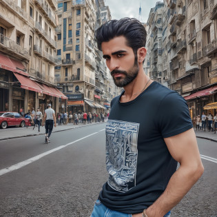 (RAW photo, best quality, highest quality, masterpiece:1.2), (realistic, photo-realistic:1.37), ultra high res, (1 man 32 year's old, light french cut, Tirkish handsome:2.0), (summer night:1.3), (white round neck plain Tee-shirt, regular fit baggy Tee-shirt, regular fit lose jeans: walking style, full body, Black cut shoes, model style Posing, (focus face:1.3), (high contrast:1.1), (detailed background:1.3), dynamic pose, intricate detail, delicate pattern, (vibrant, colorful:1.3), (high sharpness), middle eastern guy, fashion posing, short black hairstyle, plain regular fit lose Tee-shirt no printing on Teeshirt, light french beared, Turkish boy in walking style, highly detailed, more details, modelshoot style, 8K UHD handsome man open legs standing style, city street people background scene, full body, long distance shot, coloured hair, epic detailed photograph shot, refined facial details, soft hdr, Leica 50mm, Kodak portra 800, Fujifilm X-T5, cinematic hbo dark moody, documentary photographer, dramatic light, refined clothes accessories details ::5, looking away, film grain, ultra photoreal, ultra detailed, elegant, fantasy, chaos, refined facial details, open shot, deep shot pose, fashion editorial, building v 5 --ar 9:5 --q 5