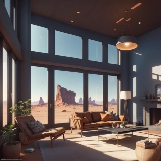 modern living room with windows, martian surface view outside, fantasy, digital art, photo, extremely detailed cg unity 8k wallpaper, high detail, photorealistic painting art by midjourney and greg rutkowski, matte, bryan organ