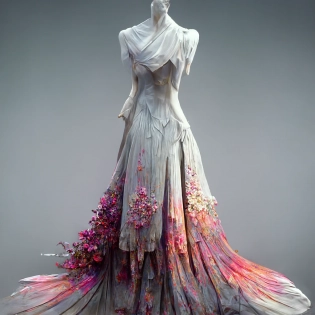 Dress costumes with long soft blossom, haute couture, super elegant, The mannequin is wearing, fashion design drawing, 3-tiered ruffle, photorealistic, 8k, realistic octane render, cinematic, The image of Beautiful flower fields and meadows, full-body, dramatic Light, highlights, hyperrealistic, Nofig person, volumetric lighting