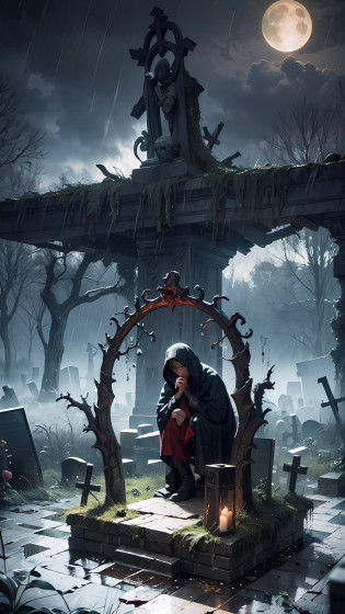 photorealistic, best quality, masterpiece, rainy graveyard, spirit dark theme, dim light, nether, chthonian, gloominess