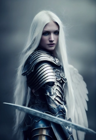 ethereal female warrior archangel, hauntingly beautiful, long blonde hair, pale skin, blue eyes, symmetrical features, thin features, narrow features, angelic features, armored wings, elegant features, bronze plate armor with silver pauldrons, fantasy, d&d, dynamic pose, full body, realistic, fine details, photorealism, cinematic, 8k, hyperdetailed, ultra detailed --ar 2:3 --testp