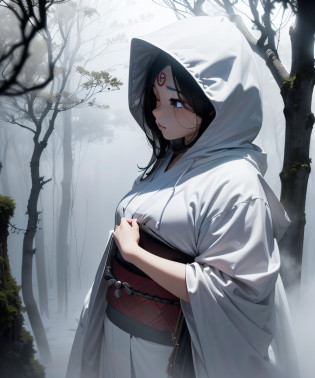 masterpiece, illusion, ghost of a girl, white costume, (((death costume)), (sutra mail), (triangular hood on forehead), Japan kimono, monochrome, full body, (dream: 1.2), scary dream, ((thick fog: 1.8)), ((thick fog so thick that it becomes difficult to see the figure)), (Den), dry ice, (((coming out of dense fog: 1.8)), (image born from dense fog: 1.8)))), (gradation from white to black), ( Fade in from black to white), (fog: 1.5), (snowstorm: 1.5), landstorm, dead trees, deep forest, (falling snow: 1.5)