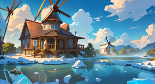 Cartoon style game scene, dusk white clouds, sky, childlike happy atmosphere, the whole picture is bright yellow as the main color, colorful colors, (ice cream), (candy), (fruit), close view river water, cartoon cute ice cream, card ventilator, candy world, lemon windmill, fairy tale world, ultra HD, master masterpiece, best quality, realistic lighting, masterpiece, high quality, beautiful graphics, global illumination, (HDR:1.3), best quality, 8k, perspective, depth of field, high resolution?