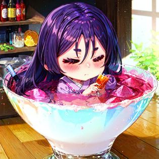 masterpiece,best quality,(chibi:0.9),(((in container))),drinking glass,in drinking glass,standing,full body,1girl,Raikou,purple hair,long hair,blush,eye focus,(>w<:1),closed_eyes,<lora:CHAR-FGO-Raikou_Hard:0.5>,<lora:Concept-v_eyes:1>,<lora:Concept-in container-V0.3-000004:0.9>,