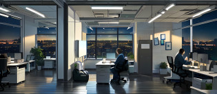 A lot of people are in the office?A lot of people are working?Computer, Sky outside the window?the night?themoon?In the office, artstation hq, working in an office, At the office, office backdrop, in a open-space working space, in front of a computer, in a office