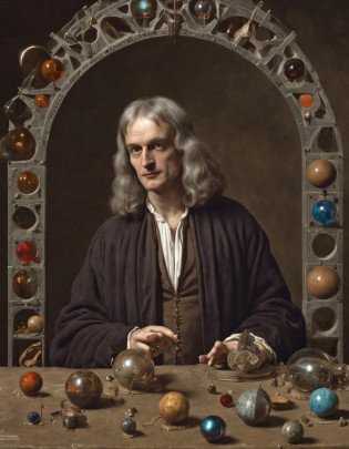 Pintura de Isaac Newton como um ((feiticeiro)), ((roupas de mago)), Geometria sagrada, floating Platonic solids, Sol, geometria flutuante, hemerismo, Sun symbol, hermetic, Hermetic symbols, (master part), (melhor qualidade), ((vista frontal)), arte Boris Vallejo, Syd Mead.