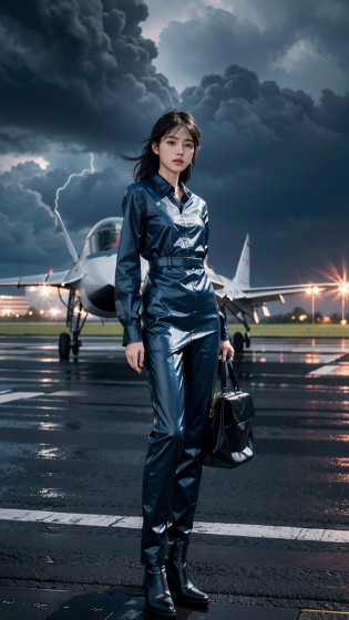 ((smallunderboob,Tomboyish,small heads)),, (perfect bodies: 1.1), (short-length straighthair: 1.2), Black hair, upper body photos,??????CG 8k?????Extremely refined and beautiful???tmasterpiece???best qualtiy?1.0?????????1.0??beautiful light up?Perfect lightning?realistic shaded?[A high resolution]?Smooth and flawless fair skin?ultra�-�detailed ?Elongated legs?flatchest?Slim?emaciated?Female repairman?At military airfields?On the tarmac of a fighter?open air?summertime?in the afternoon?Severe cloudy days?Rainy days?dark stormy clouds?Lightning?No sunlight?Dimly lit?with intense rain?The raindrops in the air are very large?Next to the huge Su-27 fighter?Under the wing of the fighter?Next to the landing gear of the fighter?are standing?Wear dirty dark blue gloves on both hands?Light blue long sleeve dress shirt?Dark blue dress trousers?Dark blue cloth shoes?Wet hair?The clothes and pants were soaked?The body is filled with water droplets