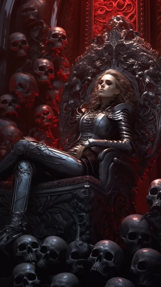 she lays down on a throne near skulls, in the style of magali villeneuve, dark silver and dark crimson, shilin huang, apocalypse art, curves, dansaekhwa, adonna khare