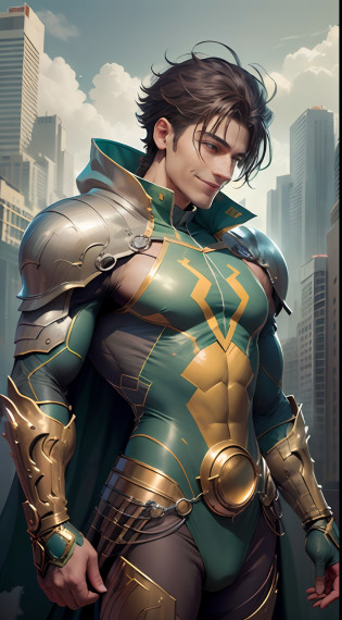 Develop the image of a hero in a green and gold suit. The hero must have a noble and powerful appearance, with pronounced character traits, ((((The hero smiles)))) . A green and gold costume should be modern and futuristic, with technological elements and details, that make it unique. The hero must be in a heroic pose, As if he is ready to take on any challenge, Who will meet on his way. The background scene can be a cityscape or an imaginary landscape, corresponding to the heroic aura of the character. Feel free to add creative and interesting details, to make the hero even more exciting