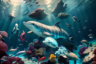 there are many different types of fish in this picture, beautiful art uhd 4 k, 4 k hd wallpaper very detailed, underwater world, 4k highly detailed digital art, highly detailed digital painting, dolphins swimming, closeup cinematic aquatic scene, coral reef, beautiful digital artwork, dolphins, amazing depth, realistic ocean, 4 k hd wallpaper illustration, tropical reef