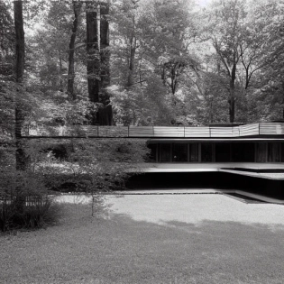 Front eye level view, black and white photograph of a modernist house in the middle of the woods with a small pond on the yard, elegant, straight lines, details in brick and small wood, Frank Lloyd Wright