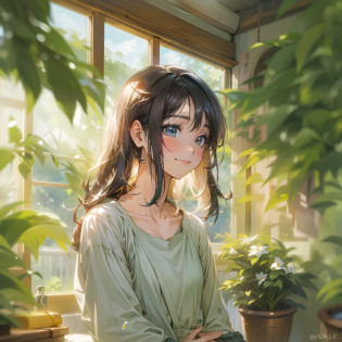 Drawn in 8K ultra-high resolution?Bright and refreshing moments?The subject is?17-year-old girl bathing in morning sunshine?Her name is Aki?Her hair is short cut black?Shine in the morning light?

Morning light shines through the windowsill?Gently illuminating her room?She standing there?I am impressed by the beauty of dawn?With a smile on your face?Staring at the morning sun with narrowed eyes?Her eyes are filled with hope and joy?

Although she stands on the windowsill?The windows are left open?A refreshing breeze blows in from there?Let her hair flutter?Makes the room even brighter.?The wind gives her comfort and freedom?

The surroundings are decorated with a rustic interior.?Natural wooden furniture and plants?Paintings decorate her room?It exudes a warm atmosphere?There is a bookshelf in the room.?Books and notebooks are lined up?She loves knowledge?I look forward to learning something new every morning?

Her outfit is a simple and comfortable one?Wearing a white shirt and denim pants?To cope with the cool air of the morning?I have a light cardigan draped over my shoulder?Her outfit reflects her personality?We value spending time in a natural body.?

The beauty of nature spreads out in the background?Her house is surrounded by nature.?Beautiful flowers in the garden?Blooming?Little birds are singing?The tranquility and calm of the morning?In harmony with her greeting?She every morning?While going out into the garden and breathing fresh air,?I am grateful for the blessings of nature?

Her morning greeting is gentle?It's heartwarming?She every morning?To family and friends?hi?I called out?His smile and words make those around him happy.?Her greeting is like the sun?Brightly illuminated surroundings?

This bright and refreshing atmosphere is?Brings viewers a sense of comfort and happiness that welcomes them to the start of the day comfortably?Her morning greeting was?It gives me hope and courage to start a new day?Join her in this morning greetings.?You will expe