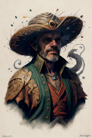 (((hombre))), (((sombrero))), High angle detailed ((Dnd Druida Retrato)), continuado, a high definition, (aceites: 1.1), (comic art style: 1.5), (Contorno de tinta: 1.3), despampanante, gente, retrato, ((( perfil))), angular features, (Cabello bob degradado gris oscuro), (Color natural suave: 1.3) estilo de pintura por Jean Baptiste Monge