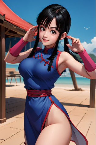 (Obra maestra, La mejor calidad:1.2), chichi waifu, Chichi, dragonball, Cabello largo, Cola de caballo, cabello negro, flequillo contundente, bloqueos laterales, ojos negros, cleavage,cielo azul, mujer sobre una nube, mujer volando en el cielo,chinese dress, mostrando muslos, sonrisa feliz, sonrisa hermosa, cabello al viento, cabello con movimiento,fondo espectacular,fight tournament,torneo artes marciales,fight pose, mostrando senos