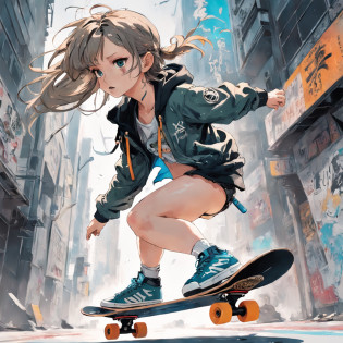 (((Yoji Shinkawa))), sticker of ultra detailed portrait of Noelle Silva skateboarding, high quality cell shaded illustration in post apocalyptic style by Yoji Shinkawa, full body, dynamic pose, perfect anatomy, centered, freedom, soul, approach to perfection, cell shading, 8k , cinematic dramatic atmosphere, watercolor painting, global illumination, detailed and intricate environment, artstation, concept art, fluid and sharp focus, volumetric lighting, cinematic lighting, Art by Yoji Shinkawa